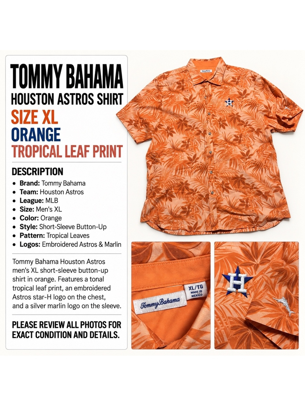 Tommy Bahama Houston Astros Men’s XL Orange Tropical Button Up Shirt MLB